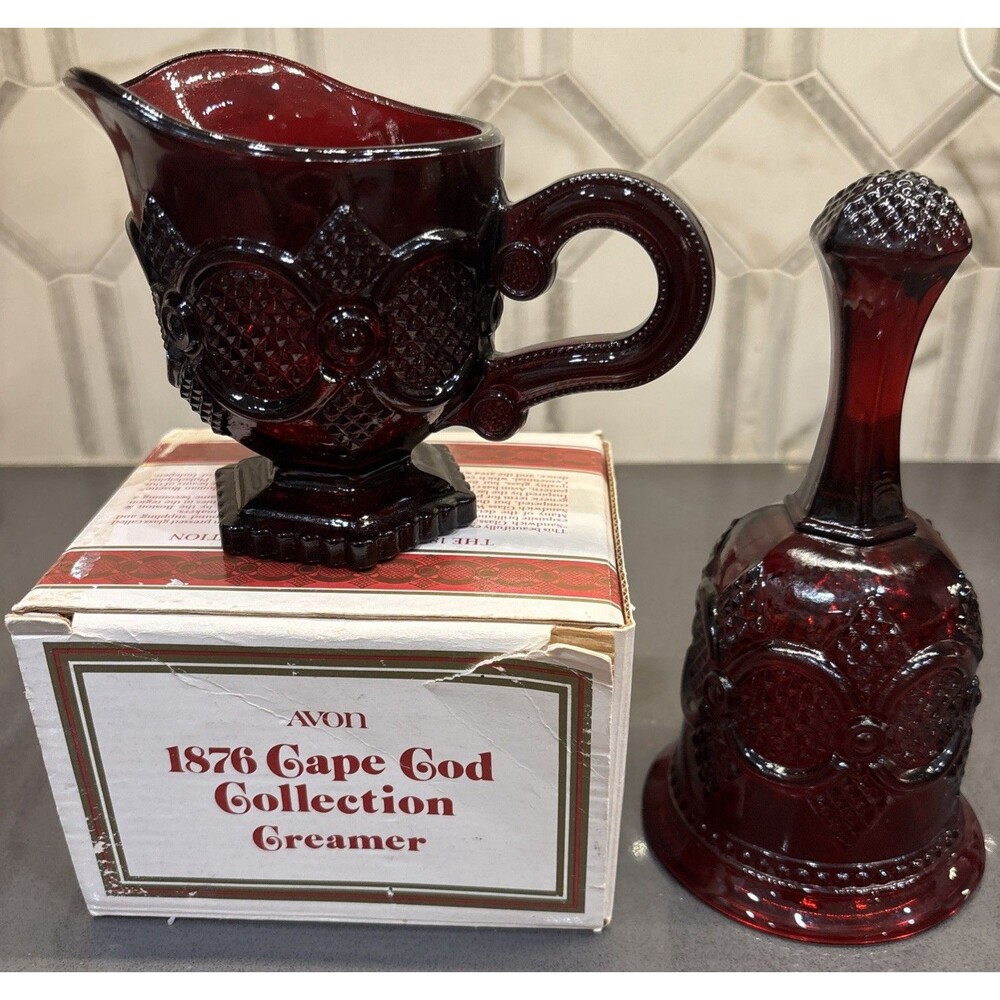 Vintage Avon Cape Cod 1876 Ruby Red Glass Bell and Creamer Dish
